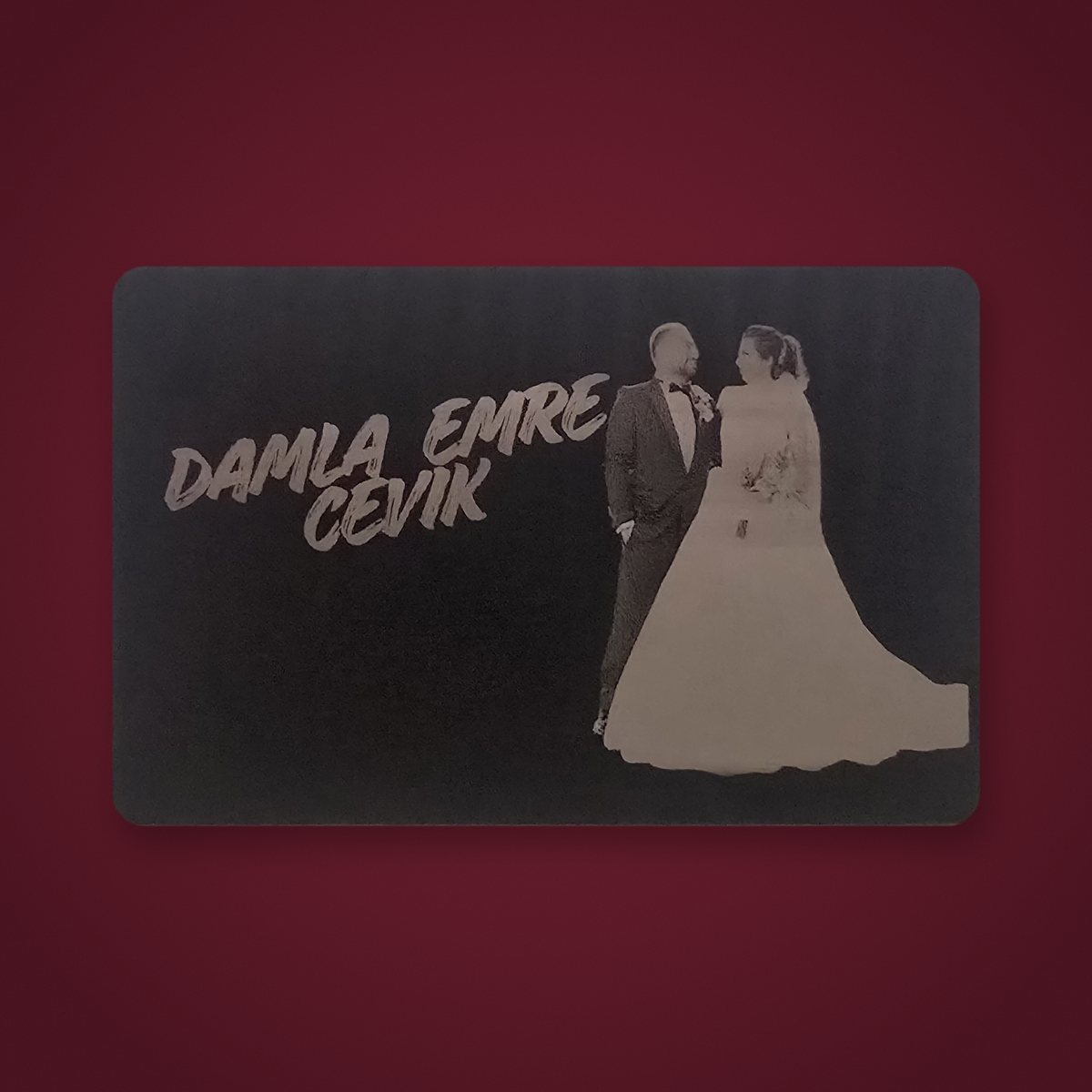 FD Diamond engraved metal card — Wedding card · laser-engraved couple portrait